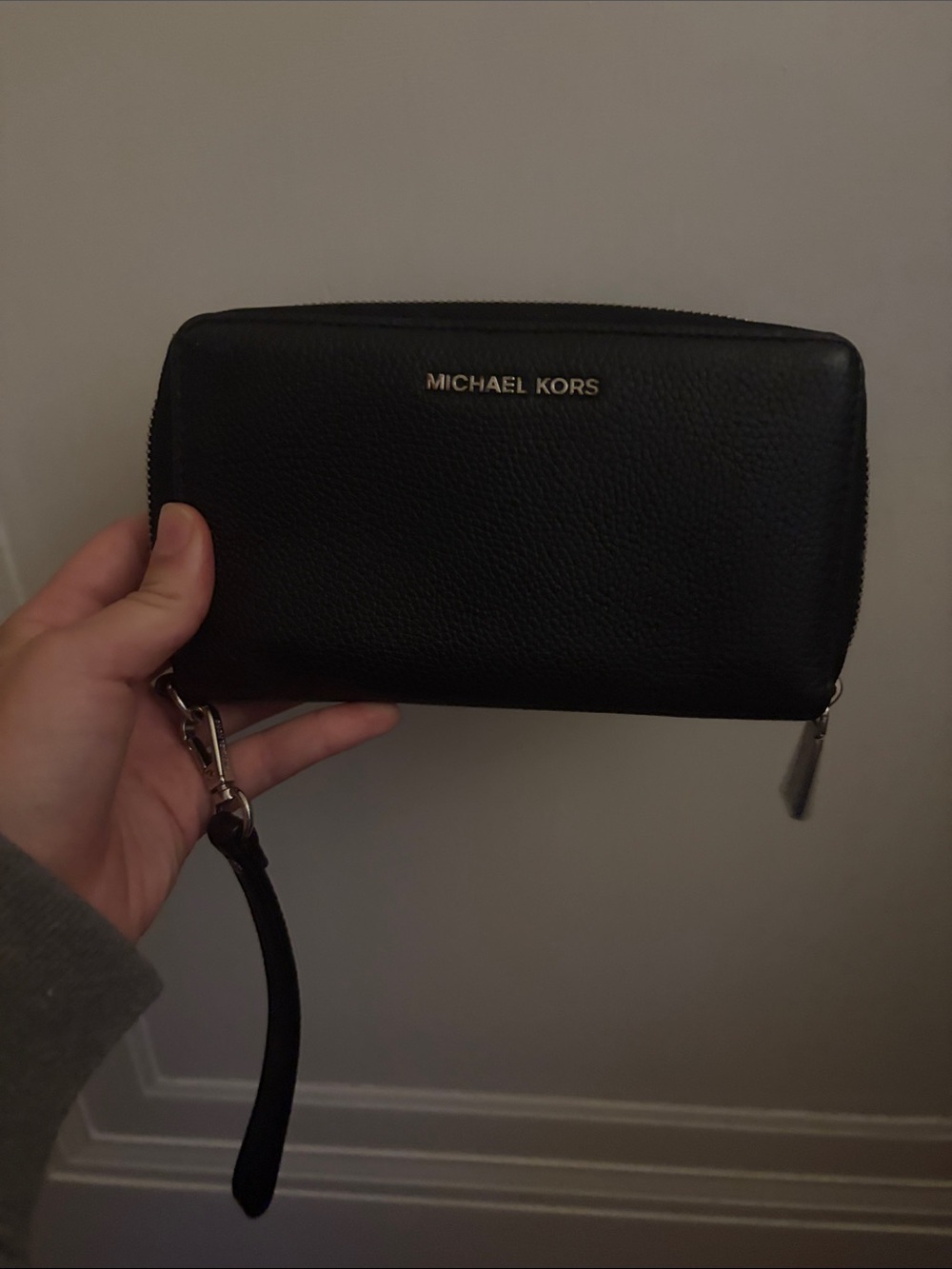 Michael Kors Black Pebbled Leather Wristlet Wallet with Gold Logo